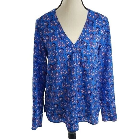 J. Crew Blouse Blue Floral V Neck Long Sleeve Flowy Womens Size Small - Picture 1 of 7